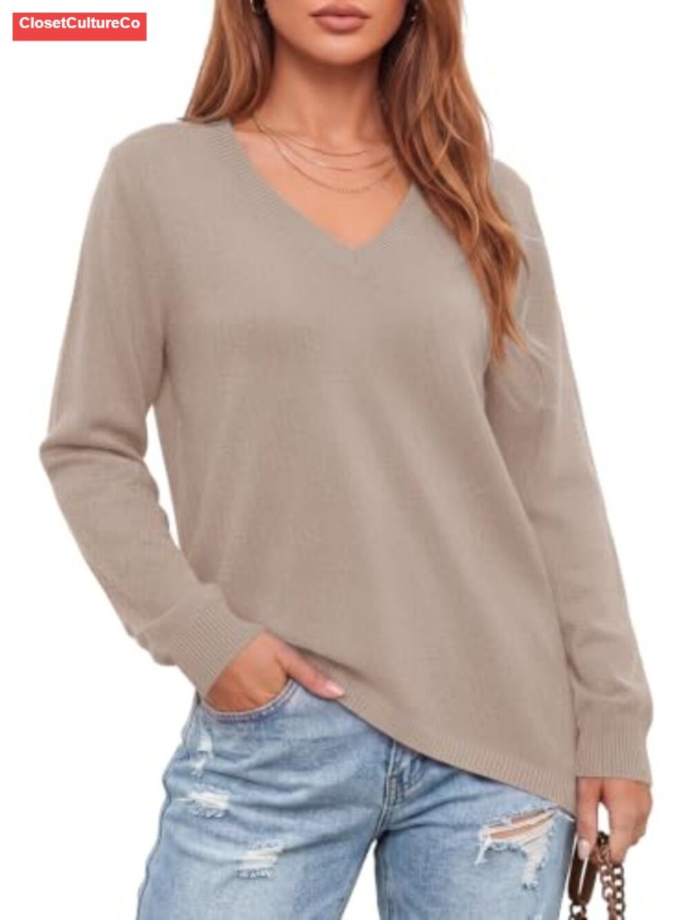 Womens V Neck Long Sleeve Sweater Asymmetrical Hem Crochet Knit Pullover